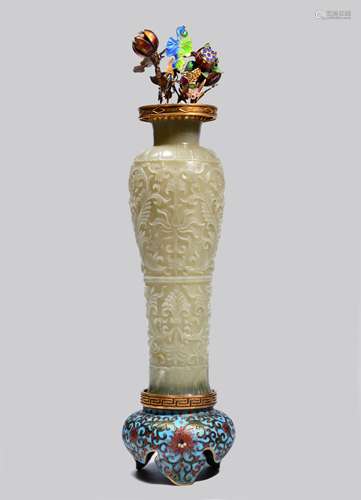 FINELY CARVED WHITE JADE VASE ON CLOISONNE STAND