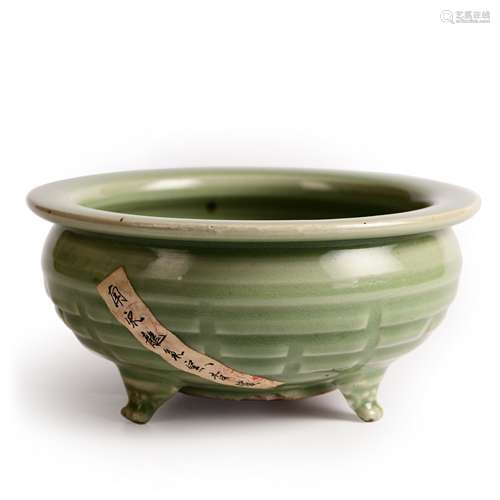 A LONGQUAN CELADON-GLAZED TRIPOD CENSER