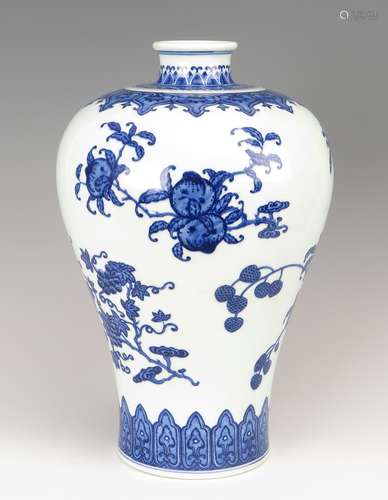 FINE BLUE AND WHITE FLORAL MEIPING VASE, QIANLONG MARK