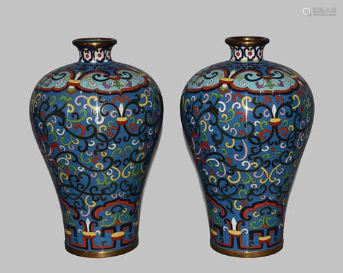 PAIR OF CLOISONNE ENAMEL MEIPING VASES, QIANLONG MARK