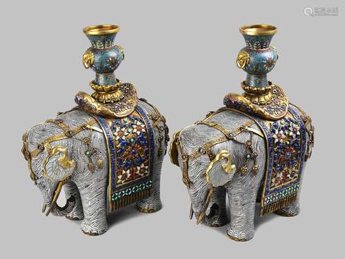 PAIR OF RARE GEM-EMBELLISHED CLOISONEE ELEPHANTS