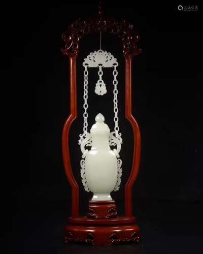FINE HETIAN WHITE JADE CHAINED VASE AND COVER