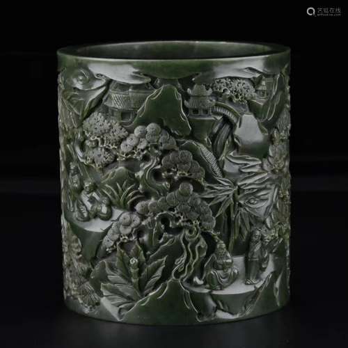 FINLEY CARVED HETIAN SPINACH JADE BRUSH POT