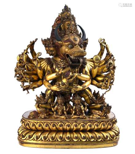 A MAGNIFICENT AND LARGE GILT BRONZE FIGURE OF YAMANTAKA