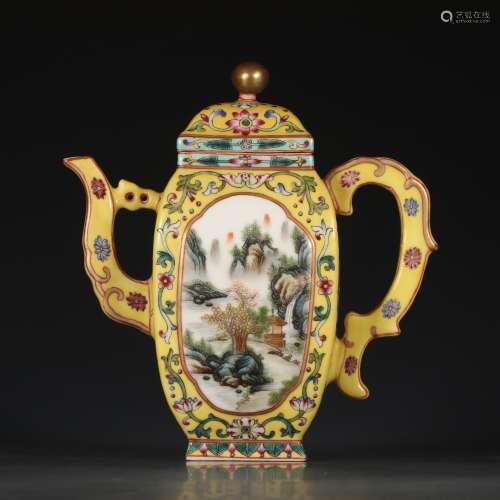 A Chinese Yellow Famille Rose Gild Landscape Painted Porcelain Teapot