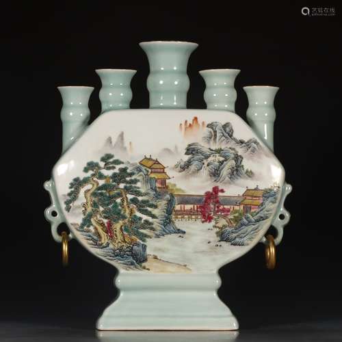 A Chinese Famille Rose Landscape Painted Porcelain 5 Tubes Vase