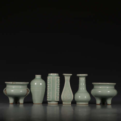 A Set of Chinese Longquan Kiln Cyan Glaze Porcelain Ornaments