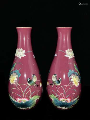 A Oair Chinese Cramine Lotus and Birds Painted Porcelain Vase