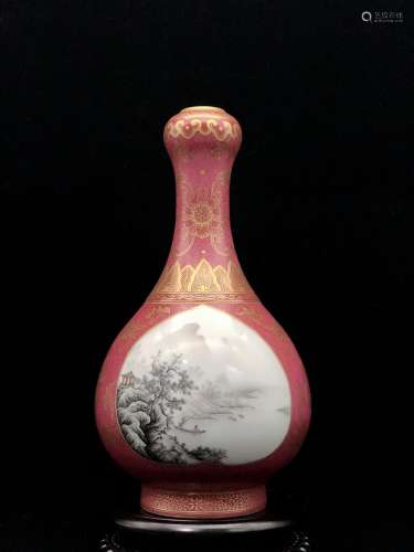 A Chinese Carmine Porcelain Gild Ink Landscape Painted Porcelain Garlic Bottle