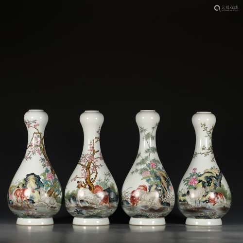 A Set of Chinese Famille Rose Floral Porcelain Garlic-shaped Bottle