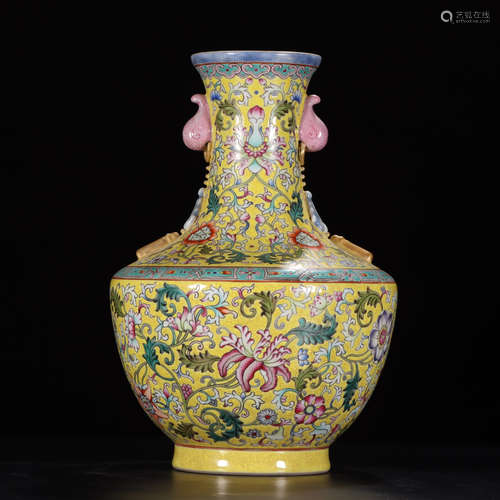 A Chinese Yellow Famille Rose Gild Floral Porcelain Vase