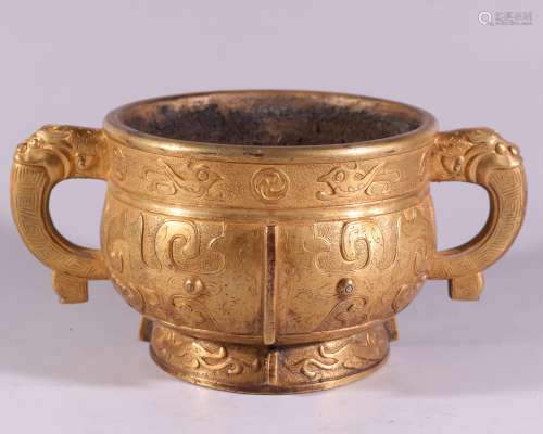 A Chinese Gild Copper Double Ears Incense Burner
