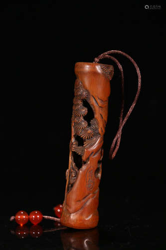 A Chinese Carved Bamboo Sachet Pendant