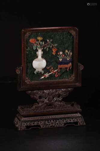 A Chinese Jade Inlaid Red Sandalwood Gild Landscape Table Screen