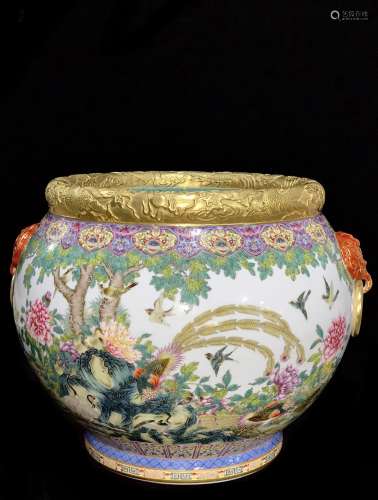 A Chinese Gold Carved Birds Painted Porcelain Zun