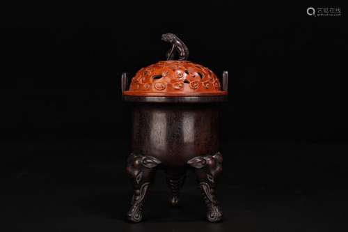 A Chinese Three-legged Red Sandalwood Incense Burner