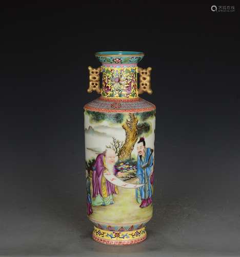 A Chinese Famille Rose Figure Painted Porcelain Double Ears Vase