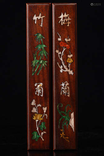 A Chinese Floral Rosewood Paper Weight Ruler