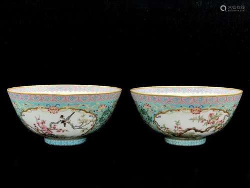 A Pair of Chinese Green Flower&Bird Pattern Porcelain Bowls