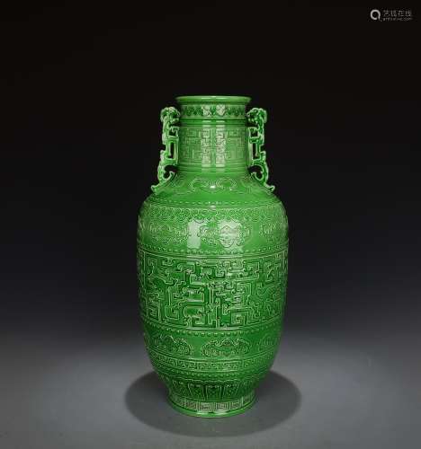 A Chinese Green Glazed Carved Double Ears Porcelain Vase