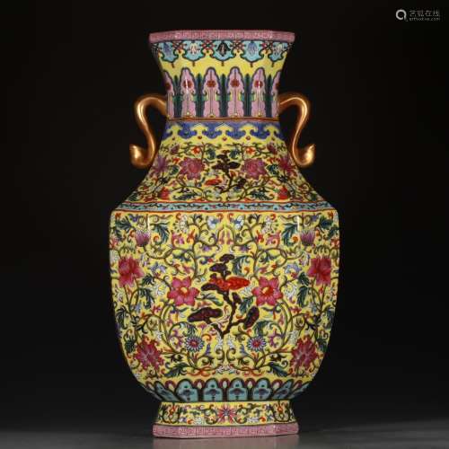A Chinese Yellow Famille Rose Floral Porcelain Square Vase