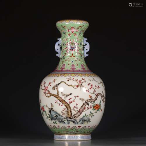 A Chinese Green Famille Rose Floral Porcelain Vase