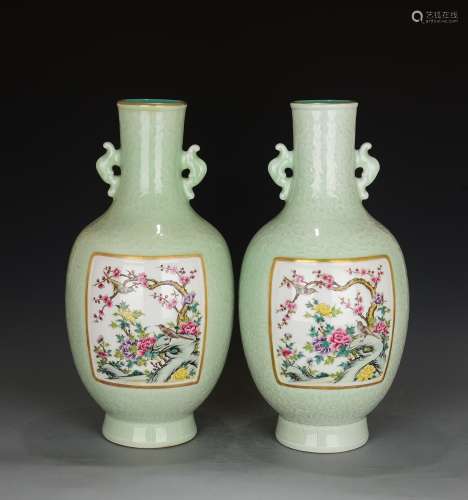 A Pair of Chinese Famille Rose Floral Carved Porcelain Vase