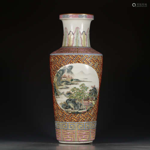 A Chinese Famille Rose Gild Carved Landscape Porcelain Vase