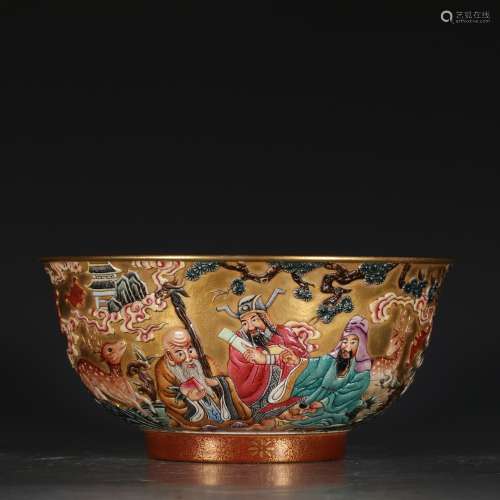 A Chinese Gold Carved Fu Lu Shou Painted Porcelain Bowl