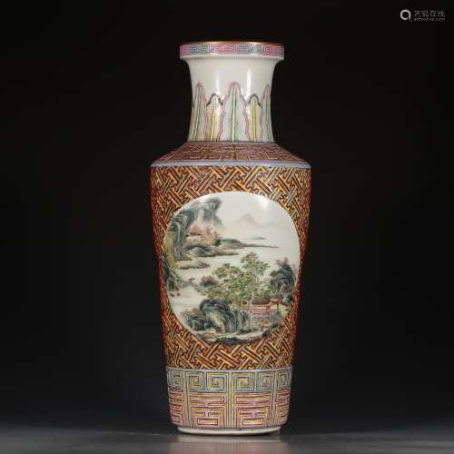 A Chinese Famille Rose Gild Landscape Painted Porcelain Vase