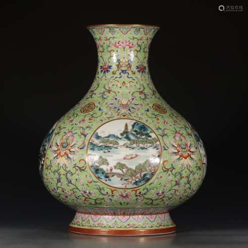 A Chinese Gild Famille Rose Landscape Painted Porcelain Vase
