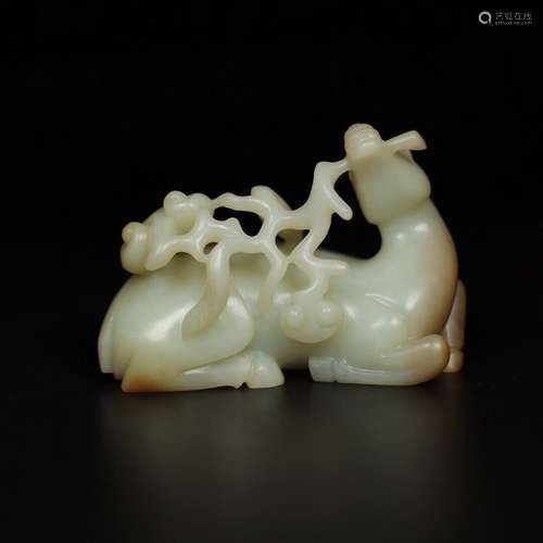 A Chinese Carved Hetian Jade Deer Ornament