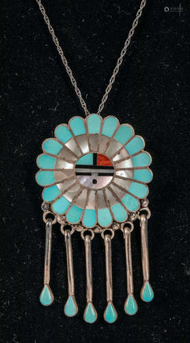 Native American Sterling Silver, Pearl & Turquoise Necklace