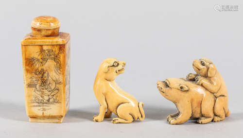 Group Japanese Antique Carved Bone Figures Netsuke