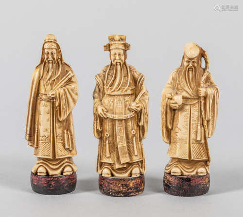 Set of Japanese Carved Figures on Wood Stands