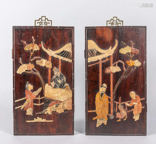 Pairs of Chinese Export Wood & Stone Wall Hangings