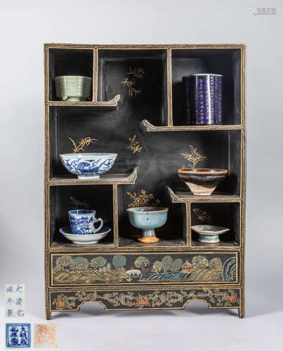 Collectible of Chinese Lacquer Table Cabinet & Porcelain