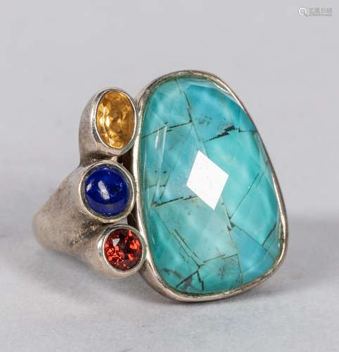 Chinese Export Sterling Silver Ring with Gem Stone