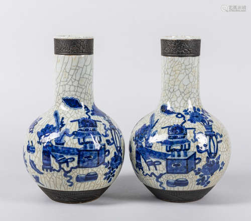 Pair Chinese Antique Blue White Crackle Glazed Vases