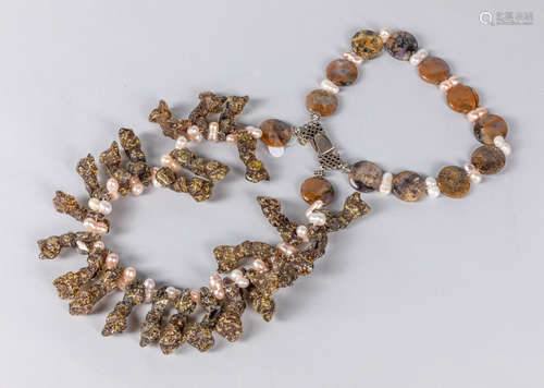 Art Deco Knop Pearl & Amber Lady Necklace