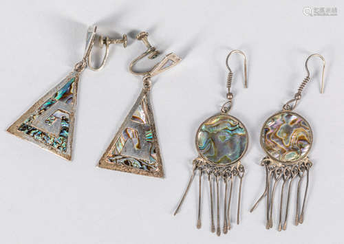 A Pair Of Taxco Sterling Geometric with Abalone Earrings