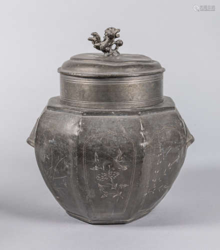 19th Large Chinese Carved Tin Tea Jar
