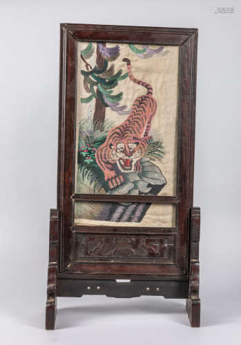 Chinese Antique Rose Wood & Silk Table Panel