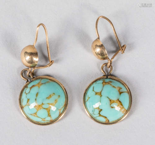 A Pair Of Turquoise  Yellow Gold Earrings