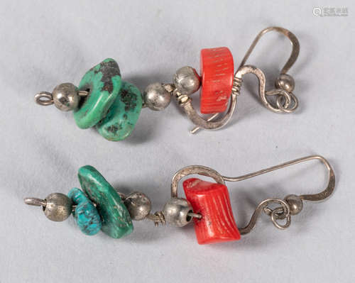 A Pair Of Coral Turquoise Drop Sterling Earrings