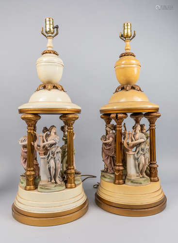 Pair Spelter Painted Style Figure Table Boudoir Lamp