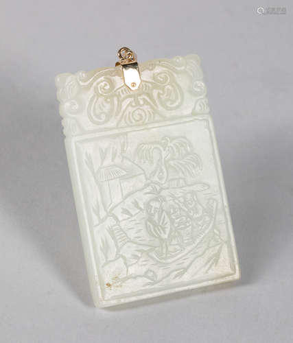 18-19th Chinese Antique white Jade Plaque, 14k Y/G