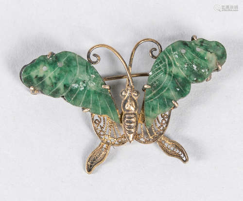 Chinese Export Jade & Silver Brooch Pin