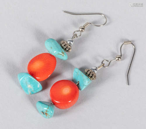 A Pair Of Turquoise Coral Like Drop Earrings