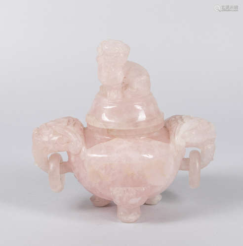 Chinese Antique Rose Quartz Tripod Censer